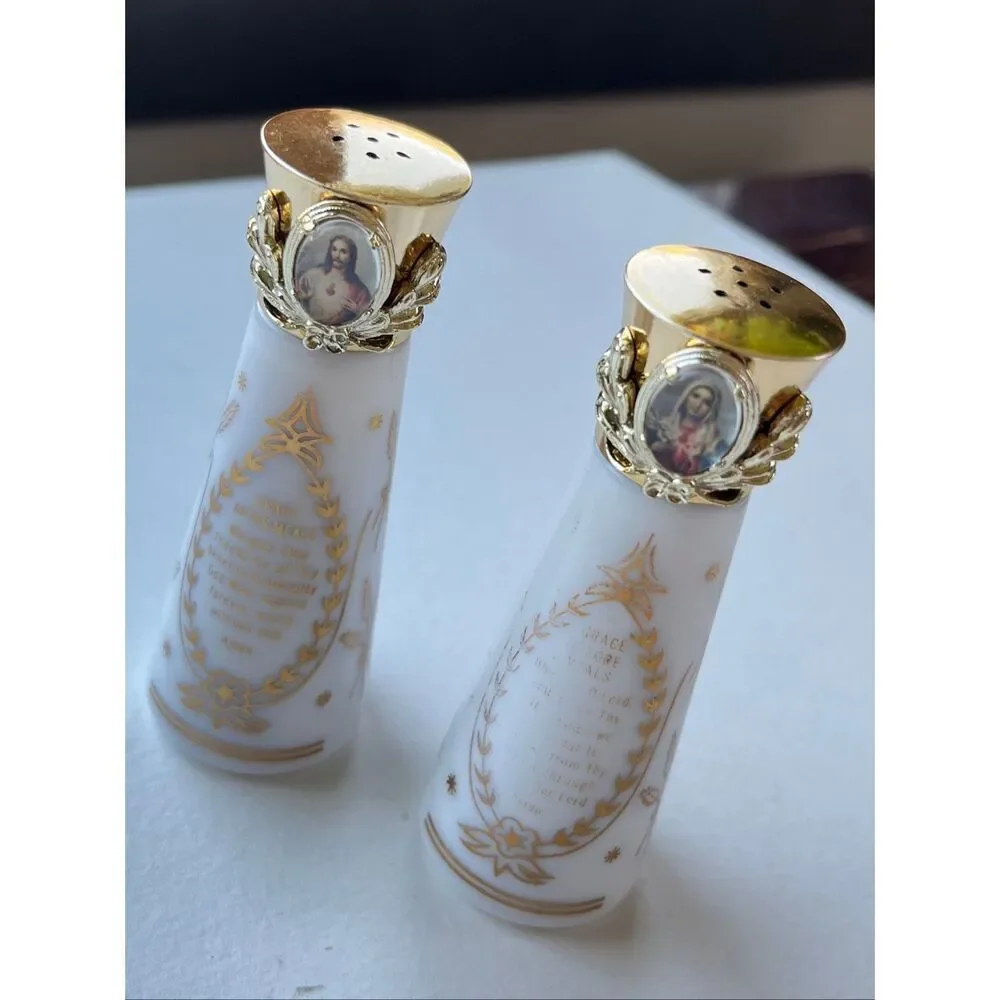 VTG Milk Glass Salt Pepper Shakers Religious Jesus Mary Gold Foil Set